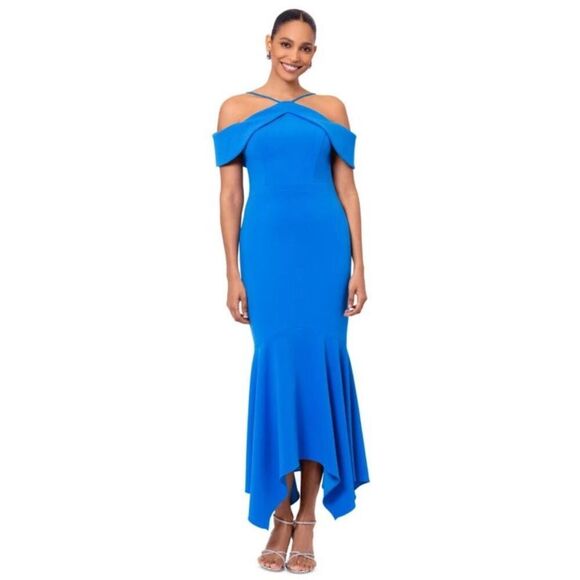 Xscape Evenings 6296X Cold Shoulder Handkerchief Hem Scuba Crepe Gown NWT $249 - Picture 5 of 7